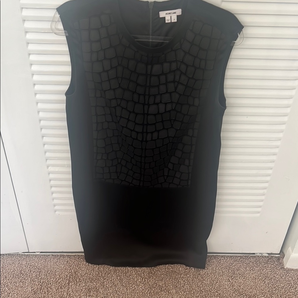 Helmut Lang Black leather fractal scale appliqué -Pattern Sleeveless mini dress